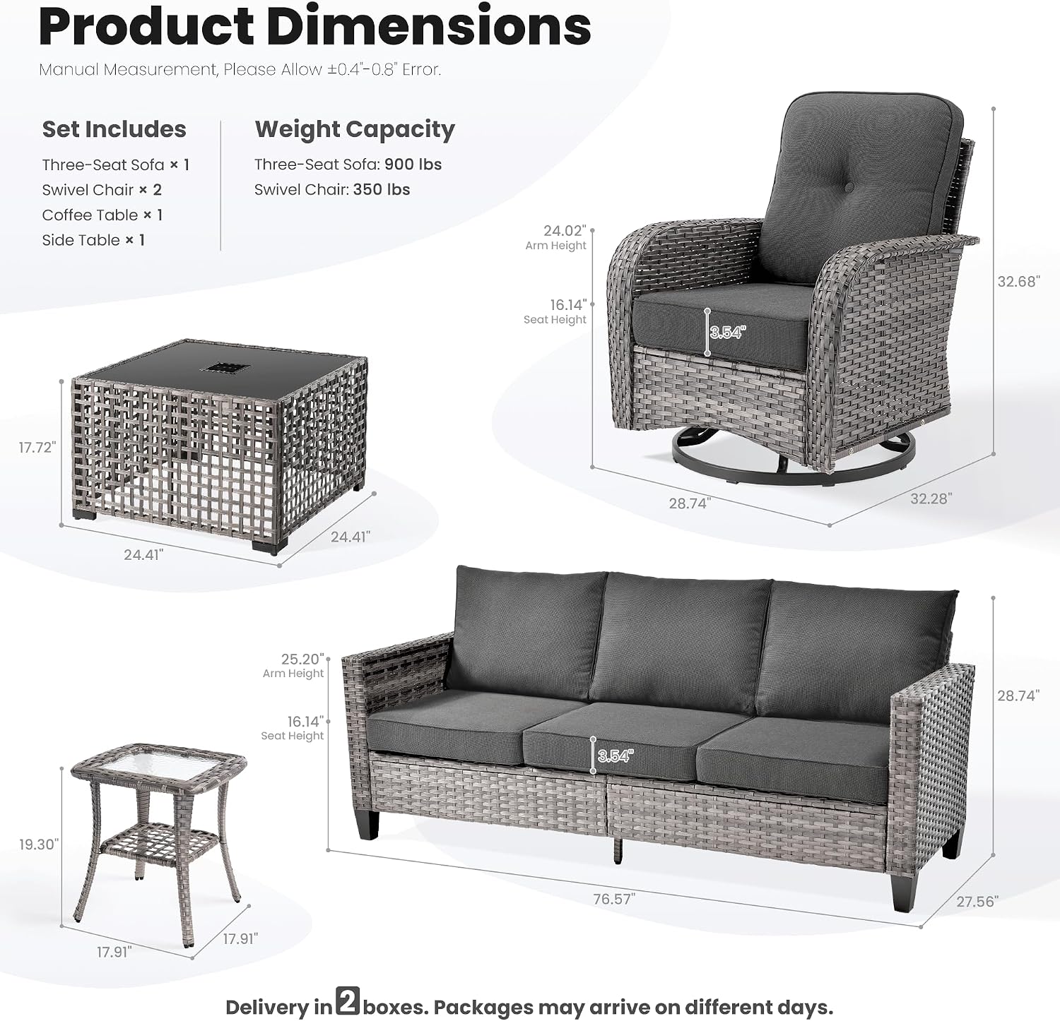 ovios 5 Pieces Patio Furniture Set, Outdoor Wicker Sofa Couch with Rocking Swivel Chairs Solar Lights Table, Modern Deep Seat Rattan Conversation Sets for Deck Porch, Black