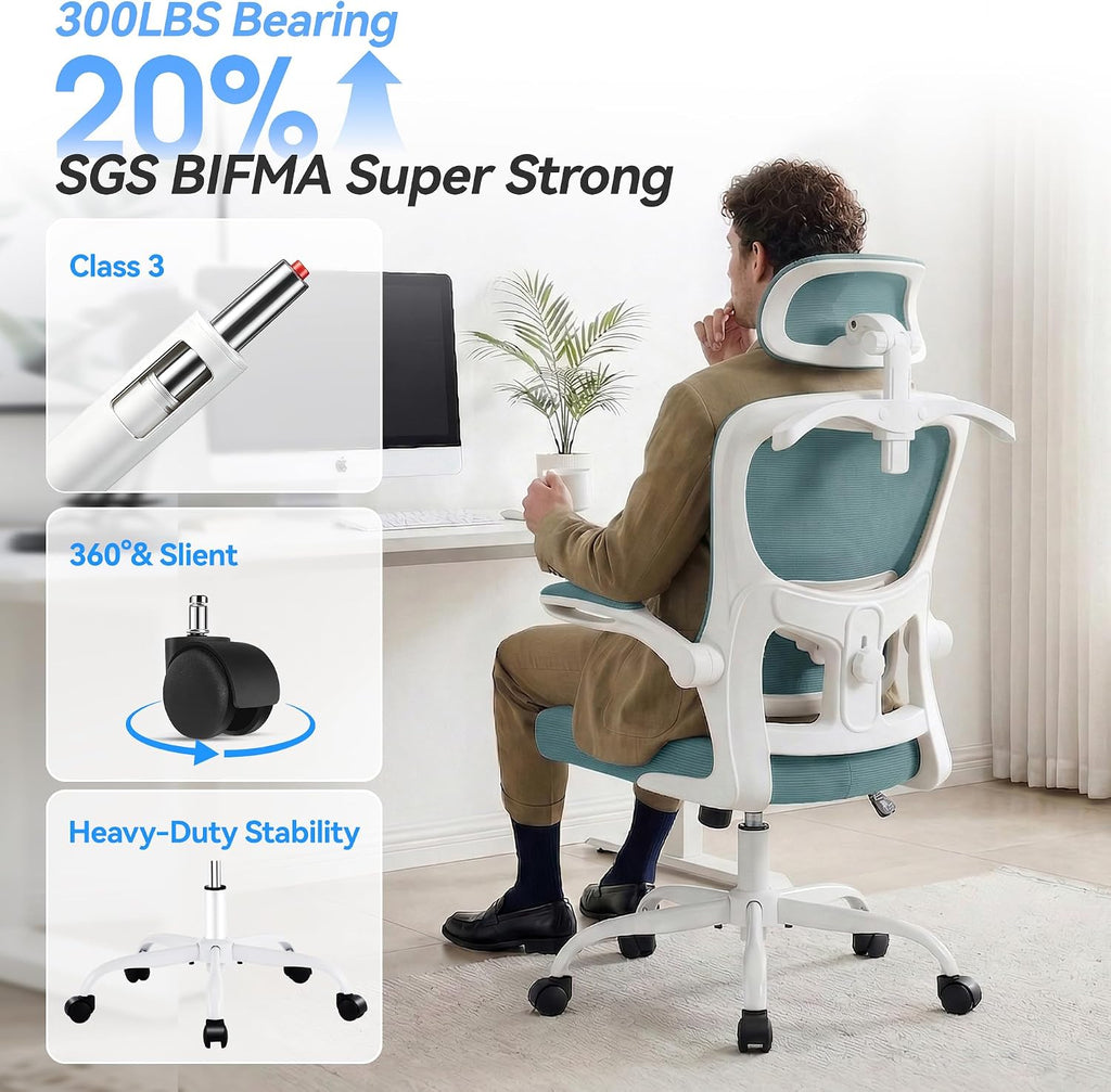 AreShark Office Chair Ergonomic Desk Chairs with Adjustable Lumbar Support& Headrest Hanger, High Back Breathable Mesh Chair with Wheels, Rolling Swivel Comfy Task Computer Chair for Home Work Gaming