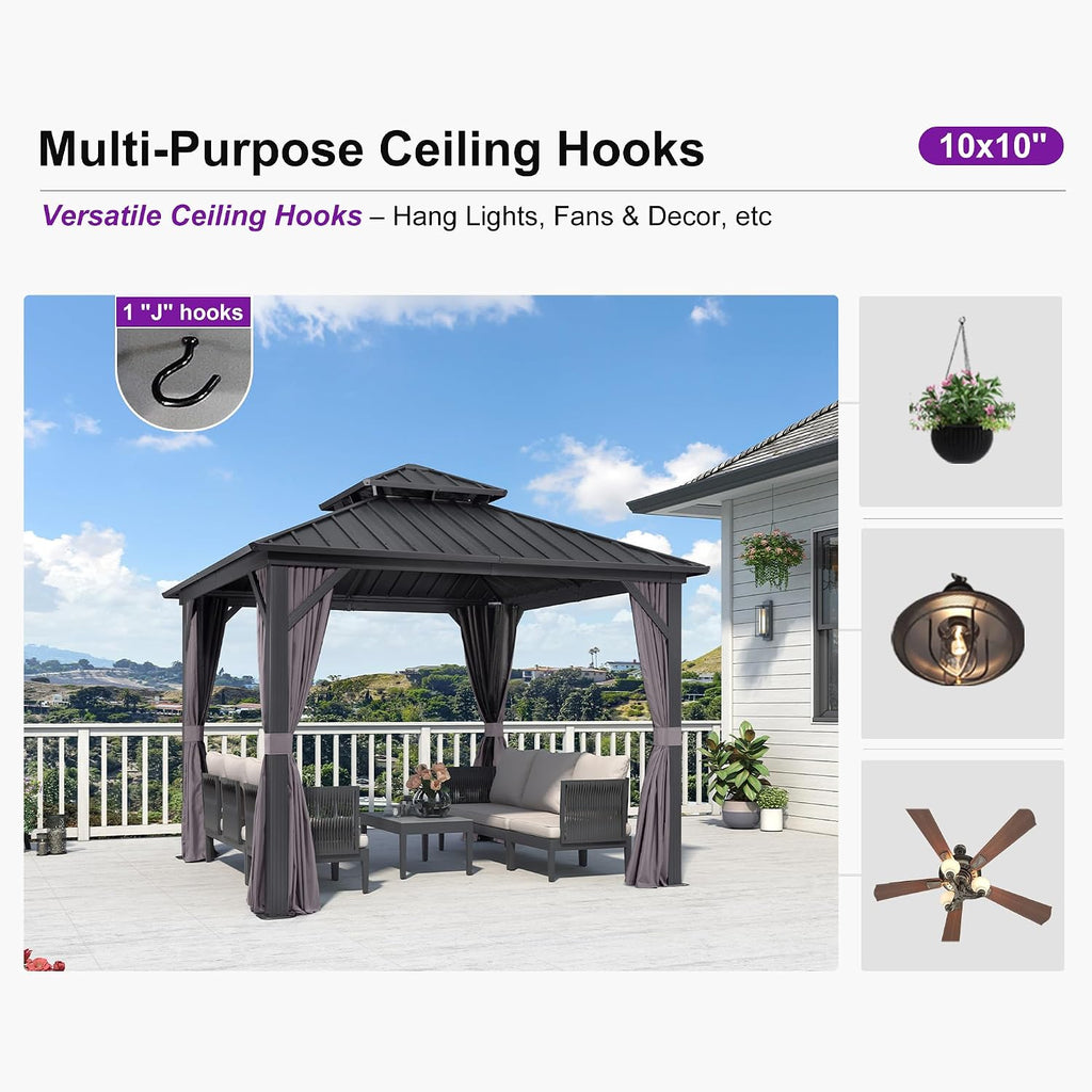 PURPLE LEAF 10' X 10' Hardtop Gazebo Permanent Gazebo with Galvanized Steel Double Roof for Patio Lawn Garden Aluminum with Netting and Curtains Grey