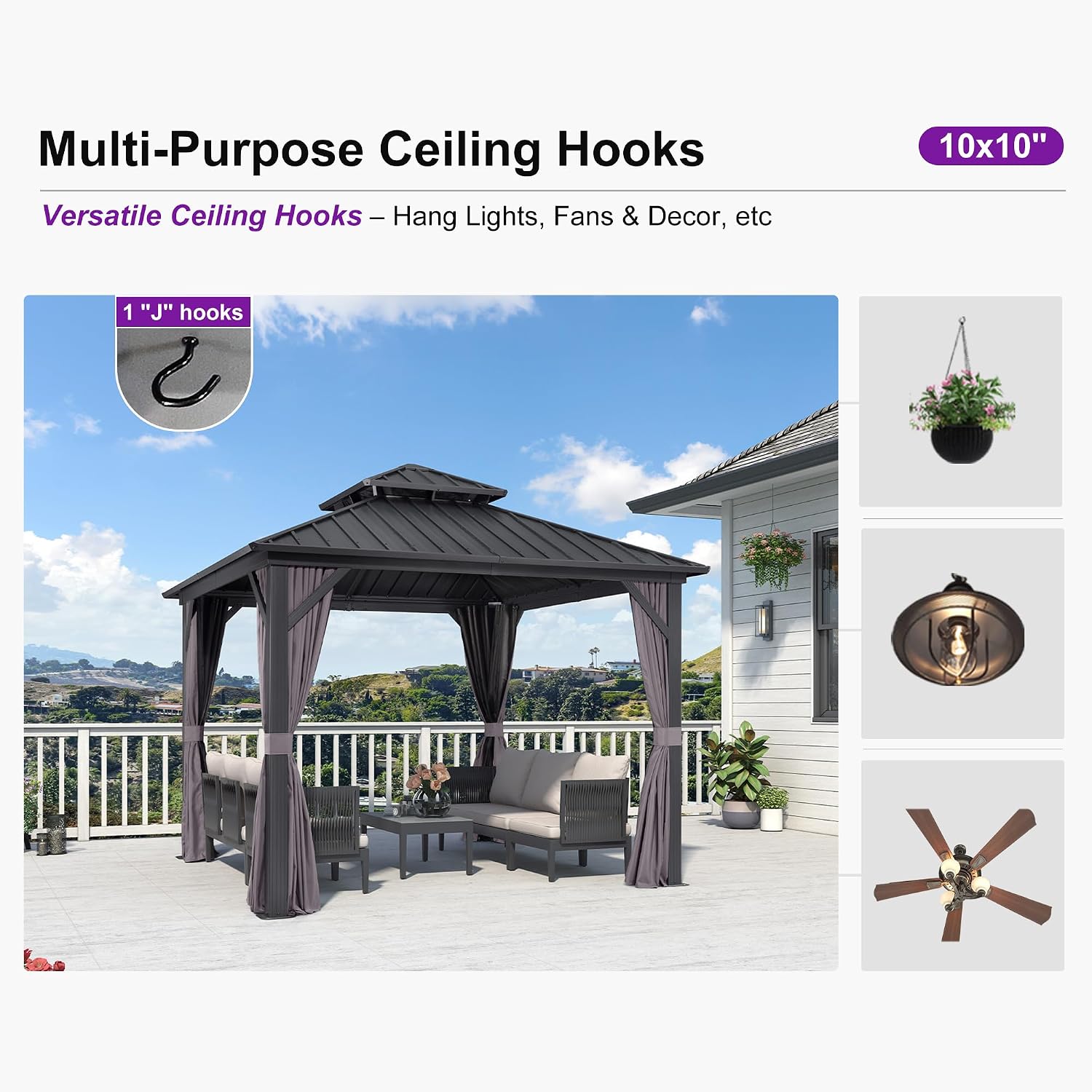 PURPLE LEAF 10' X 10' Hardtop Gazebo Permanent Gazebo with Galvanized Steel Double Roof for Patio Lawn Garden Aluminum with Netting and Curtains Grey