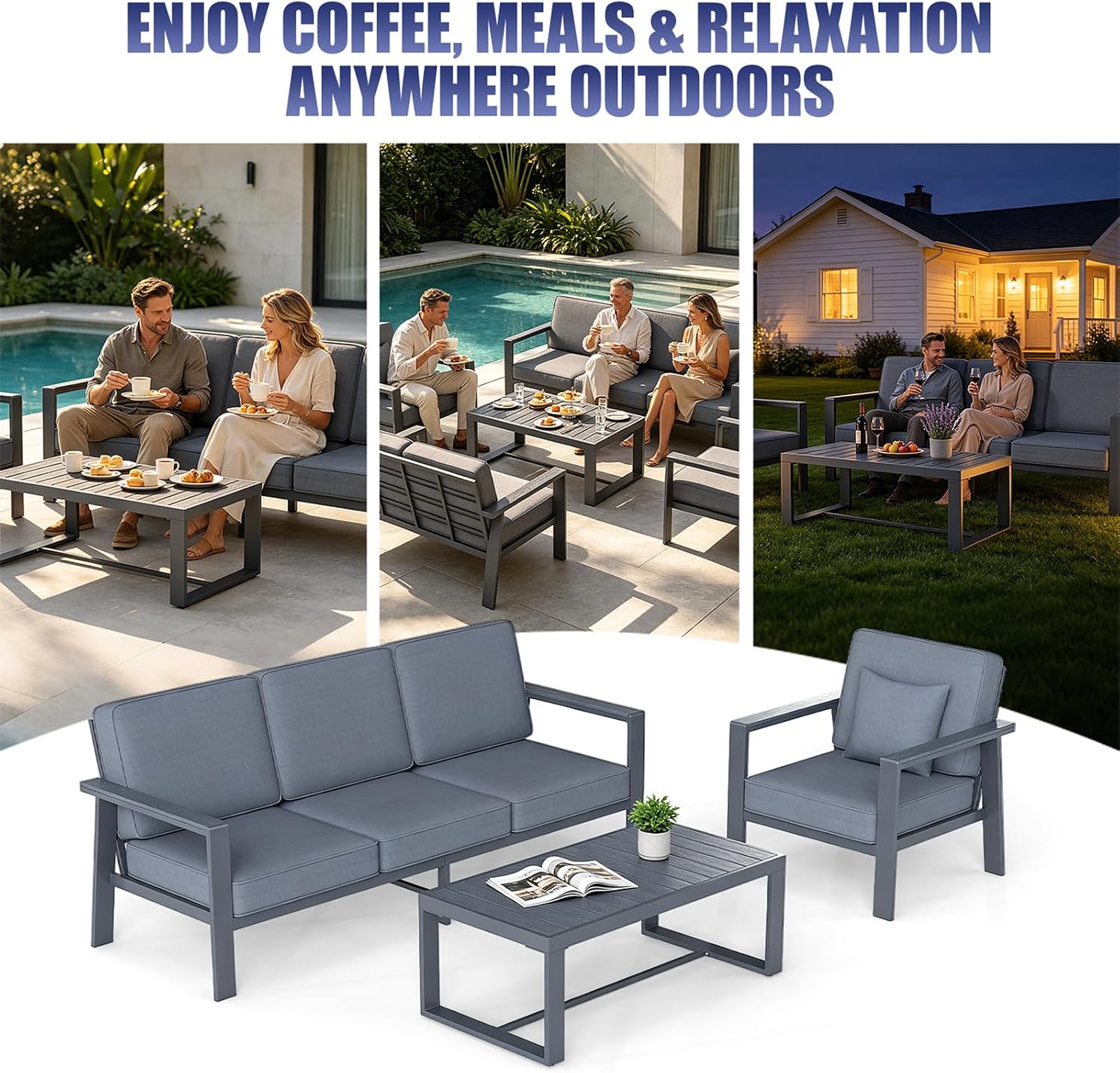 Premium Aluminum Patio Furniture Set 4 Piece,Outdoor Conversation Set with Wide Armrest,5' Thick Cushions, Olefin Fabric,Rustproof Metal Frame,Deep Seating Patio Sofa Set for Backyard,Deck,villa,Gray