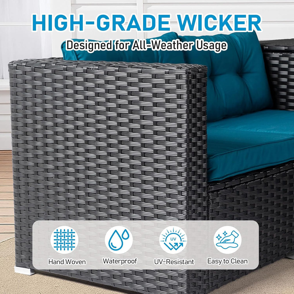 Outvita 4 Piece Outdoor Patio Furniture Set, PE Rattan Conversation Sofa Set, Wicker All-Weather Outside Furniture w/Glass Top Coffee Table with Pet Ped & Hidden Storage for Garden, Balcony (Black)
