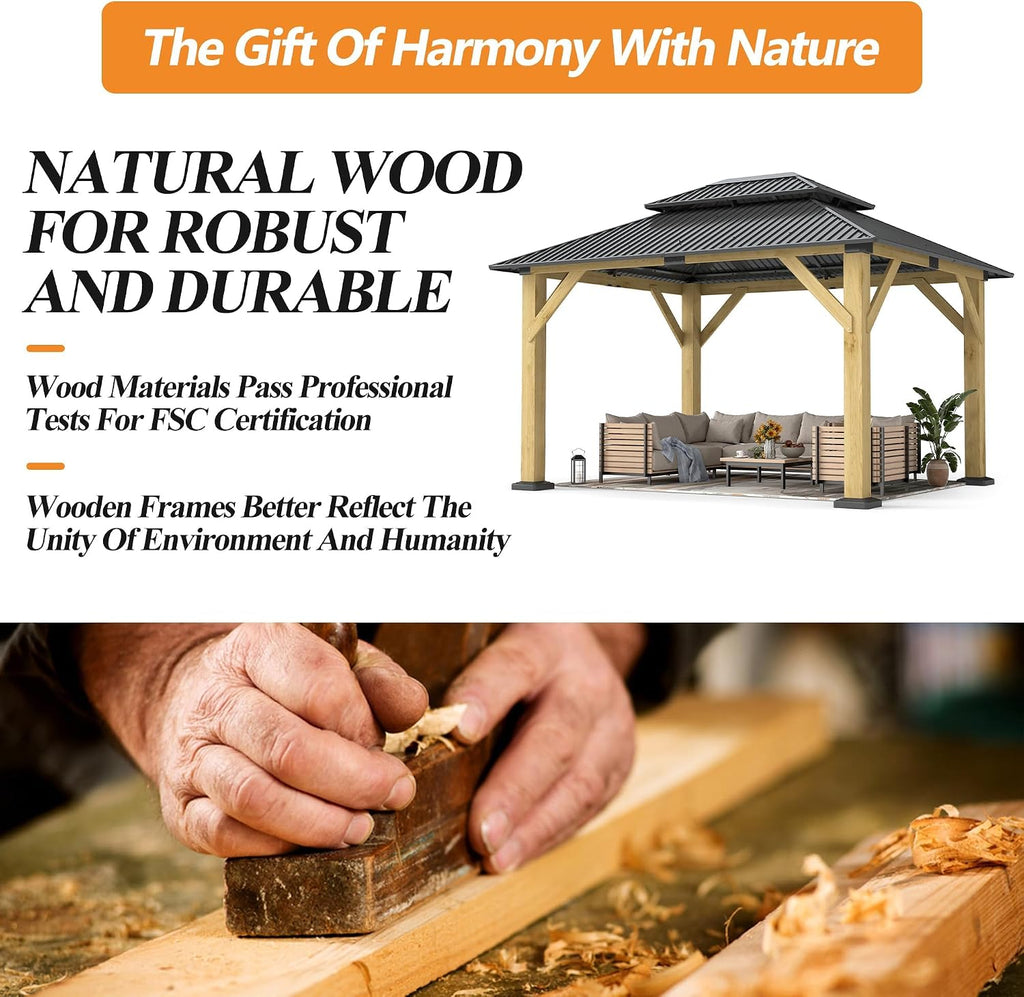 GARTOO 10' x 12' Outdoor Wooden Gazebo - Patio Hardtop Gazebo Permanent Wooden Pavilion with Galvanized Steel Double Roof, Wood Gazebos for Garden, Lawn, Poolside, Backyard Deck