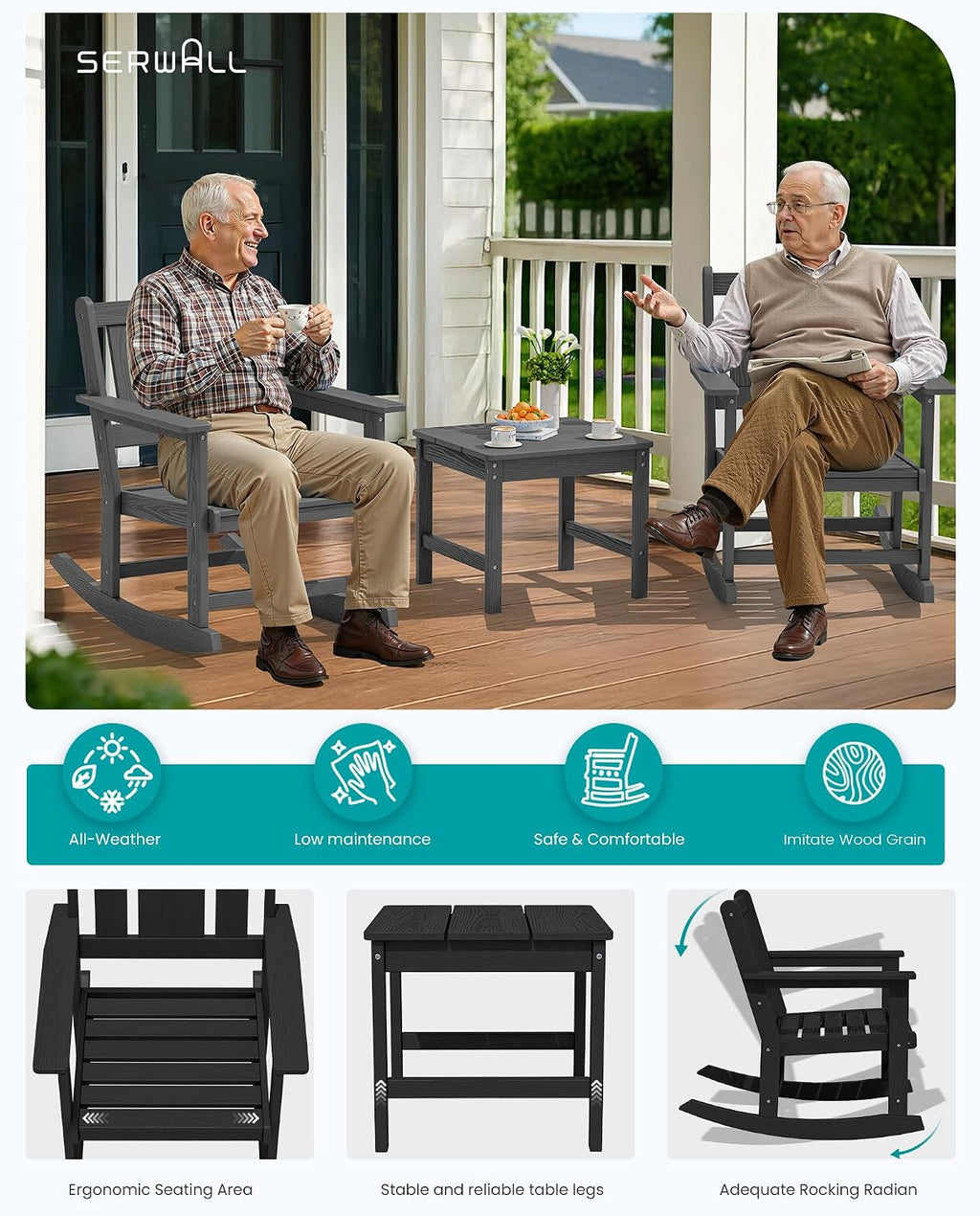 SERWALL Outdoor Rocking Chair Set of 2 with Side Table, All-Weather HDPE 3 Piece Patio Furniture Set, Outdoor Bistro Set with Pre-Drilled Umbrella Hole for Porch Deck Lawn Balcony, Black
