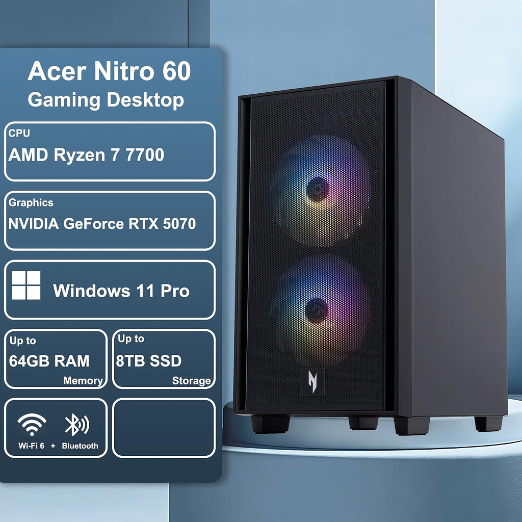 acer Nitro 60 Gaming Desktop Computer AMD Octa-core Ryzen 7 7700 (>i9-13900H) 32GB DDR5 2TB SSD GeForce RTX 5070 12GB GDDR7 DLSS4 (Up to 988 AI Tops) 850W 80+ Gold PSU Type-C Win11Pro ICP Hub