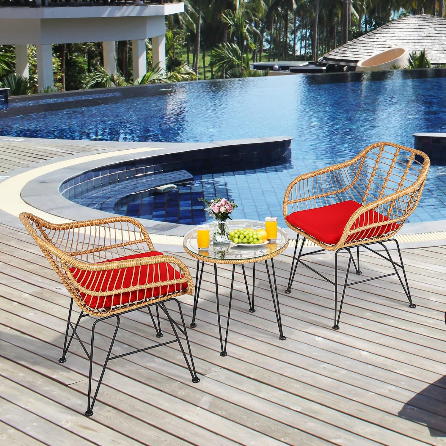 Tangkula 3 Pieces Patio Bistro Set, Rattan Conversation Set with 2 Cushioned Armchairs & Round Glass Coffee Table, Indoor Outdoor Wicker Furniture Set for Balcony, Backyard, Garden, Poolside