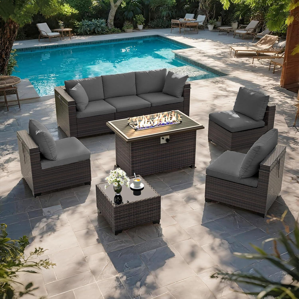 ALAULM Patio Furniture Set with Fire Pit Table 55000 BTU, Outdoor Sectional with Wide Seat and Thick Cushion, 8 Piece Wicker Rattan Conversation Set with Coffee Table for Garden, Deck, Grey
