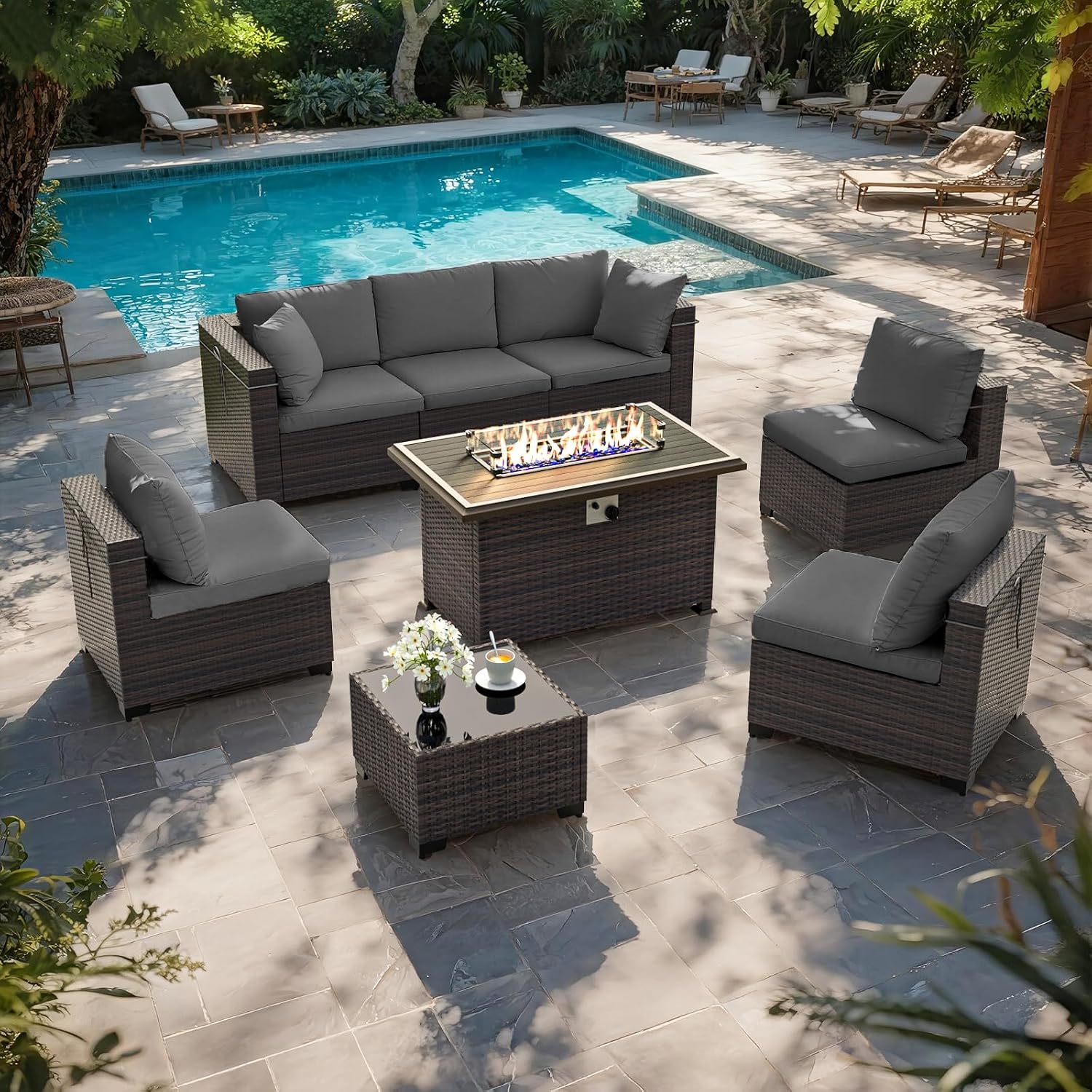 ALAULM Patio Furniture Set with Fire Pit Table 55000 BTU, Outdoor Sectional with Wide Seat and Thick Cushion, 8 Piece Wicker Rattan Conversation Set with Coffee Table for Garden, Deck, Grey