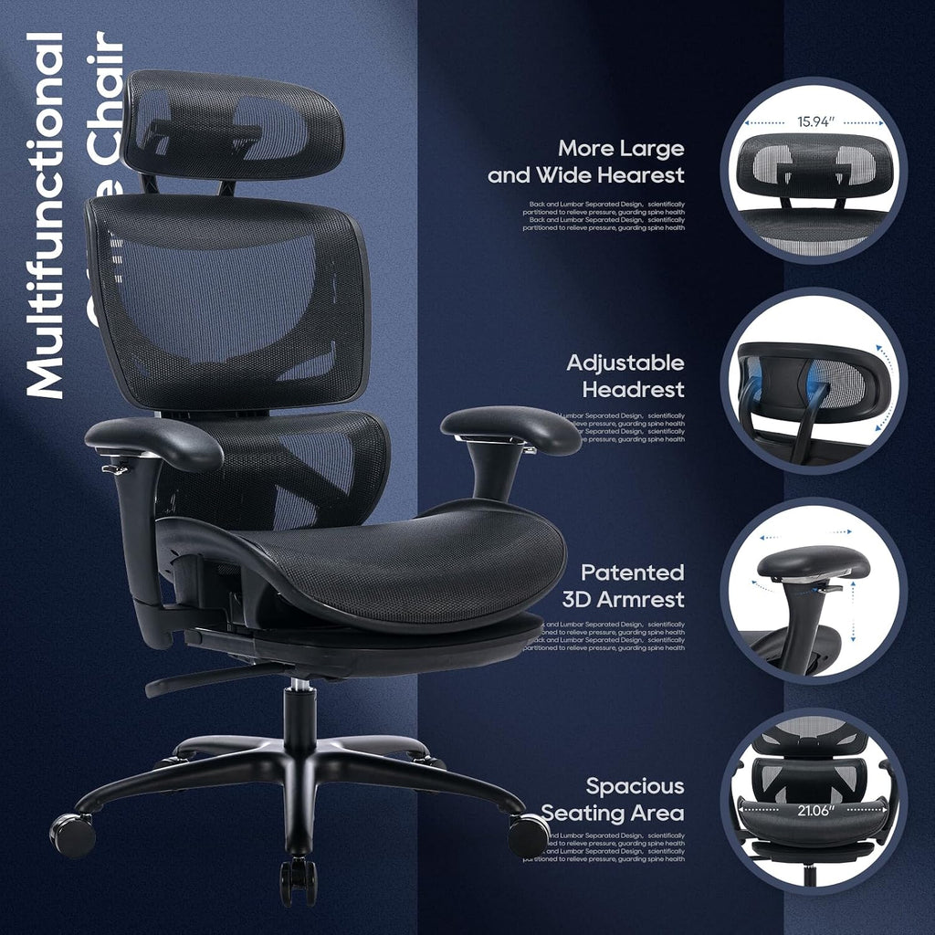 COLAMY Ergonomic Mesh Office Chair with Footrest, Executive High Back Computer Desk Chair with Wide Headrest and Adjustable 3D Arms, Backrest Height, Tilt Lock and Lumbar Support, Black