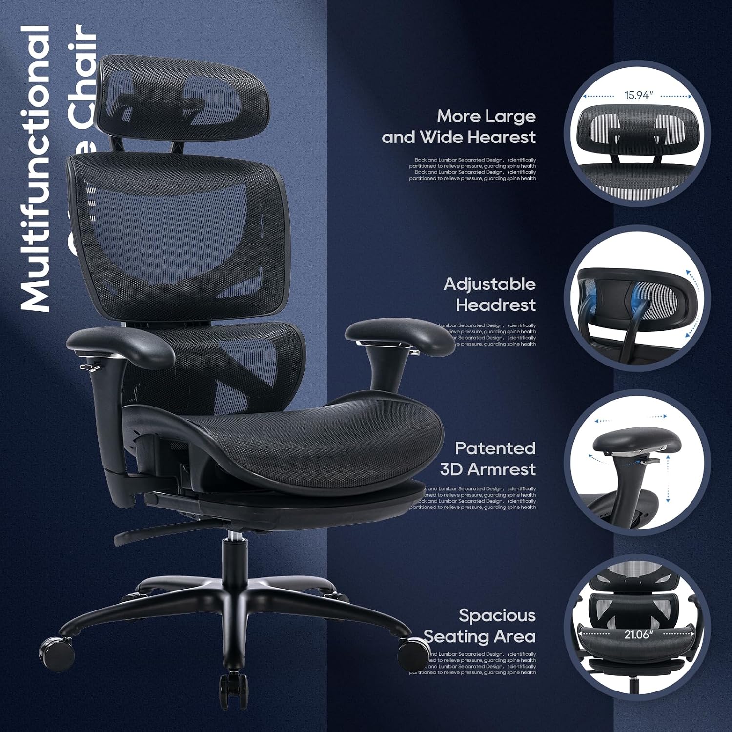 COLAMY Ergonomic Mesh Office Chair with Footrest, Executive High Back Computer Desk Chair with Wide Headrest and Adjustable 3D Arms, Backrest Height, Tilt Lock and Lumbar Support, Black