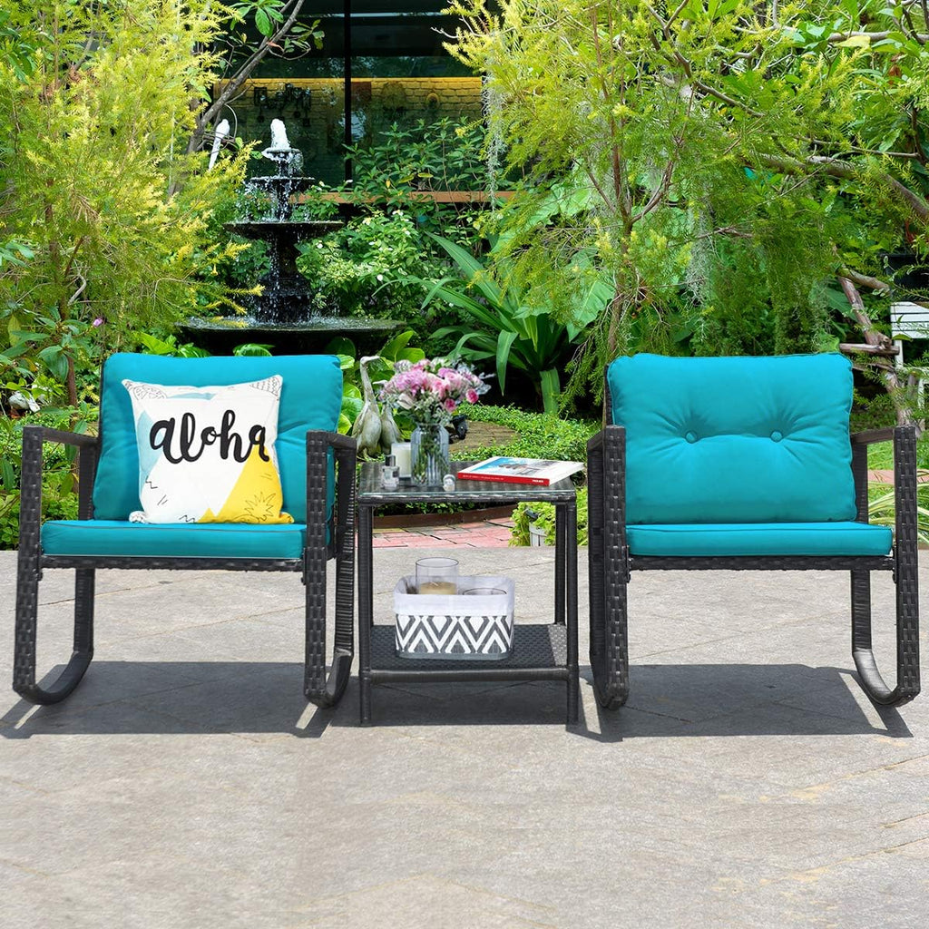 COSTWAY 3 Pieces Patio Rattan Rocking Chair Set, Outdoor Conversation Furniture Sets with Coffee Table, Storage Shelf and Cushions, Modern Bistro Set for Porch, Backyard, Garden, Turquoise