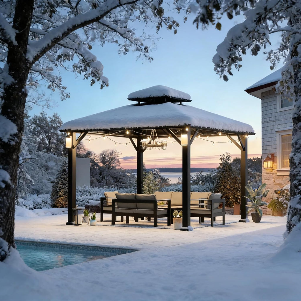 Modern Shade Hardtop Gazebo 10' x 10' with 4 LED Lights, Permanent Metal Gazebo with Galvanized Steel Double Roof & Frame, Hard Top Gazebo with Sturdy Hooks for Backyard, Deck, Garden, Lawn