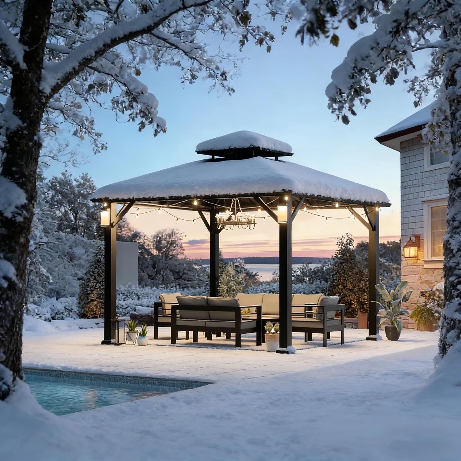 Modern Shade Hardtop Gazebo 10' x 10' with 4 LED Lights, Permanent Metal Gazebo with Galvanized Steel Double Roof & Frame, Hard Top Gazebo with Sturdy Hooks for Backyard, Deck, Garden, Lawn