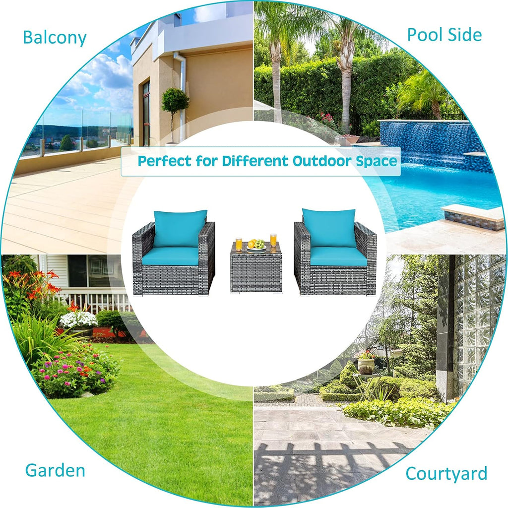 COSTWAY 3-Piece Patio Furniture Set, Outdoor Wicker Rattan Sofa with Cushions and Coffee Table, Conversation Chair Set for Poolside Backyard Balcony Lawn (Turquoise)