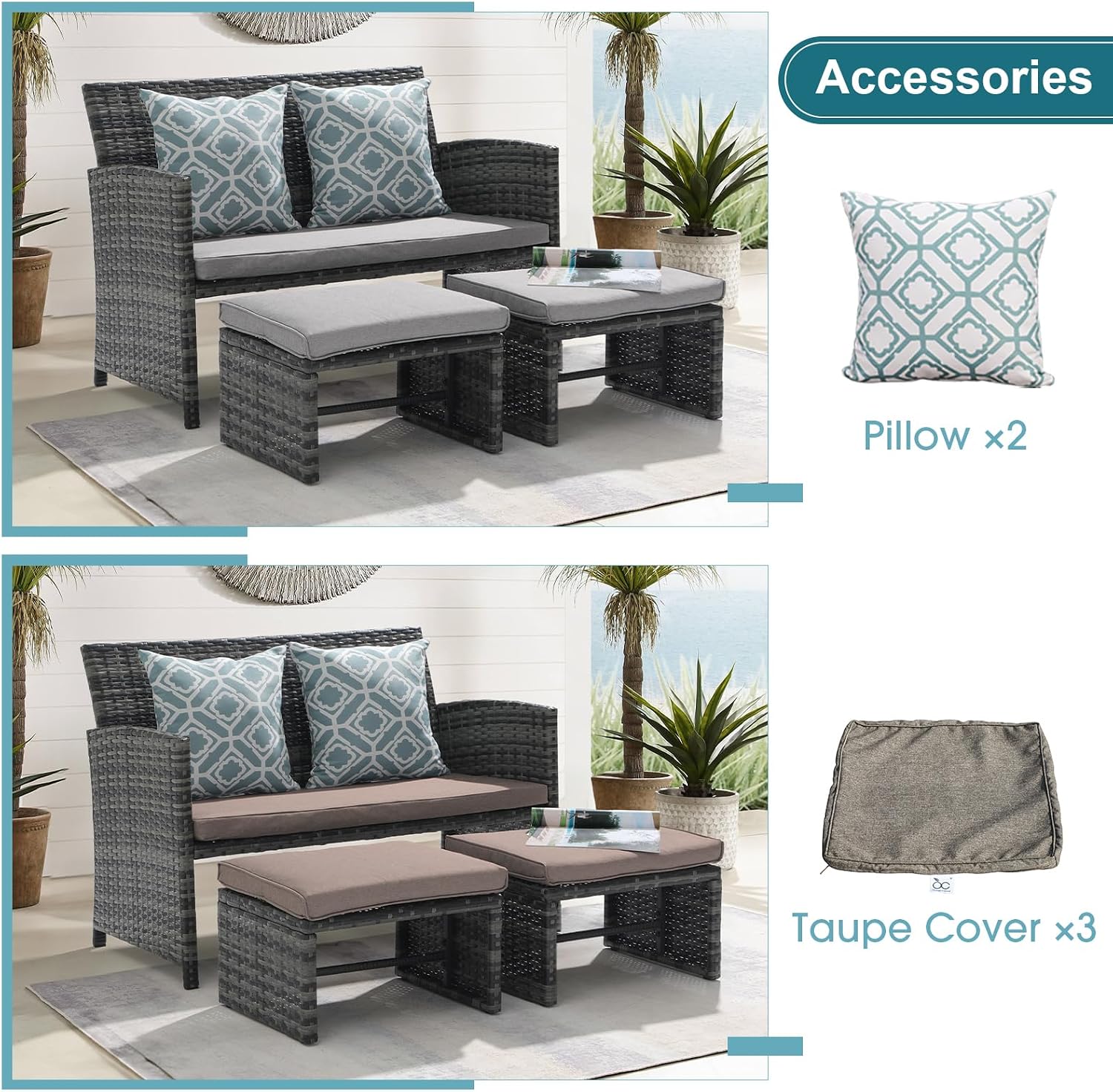 OC Orange-Casual Patio Furniture Set,3 Pieces Outdoor Wicker Conversation Loveseat with Ottomans for Porch, Gray Rattan Light Gray Cushions