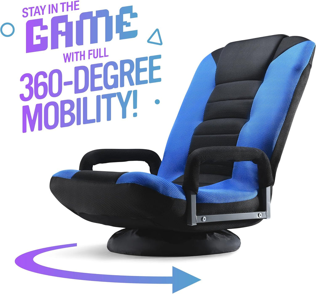 Maple99 Swivel Floor Gaming Chair - Video Lounger Enjoy 6 Different Positions, Adjustable Backrest, Removable Arm Rests, Folds to Store, Stylish Blue with Black Center Stripe