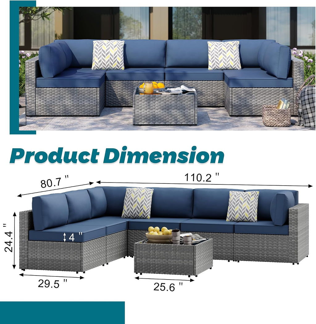 SUNLEI 7pcs Patio Conversation Sets Outdoor Furniture Sets, High Back All-Weather Rattan Sectional Sofa with Tea Table&Washable Couch Cushions(Silver Rattan) (Aegean Blue)