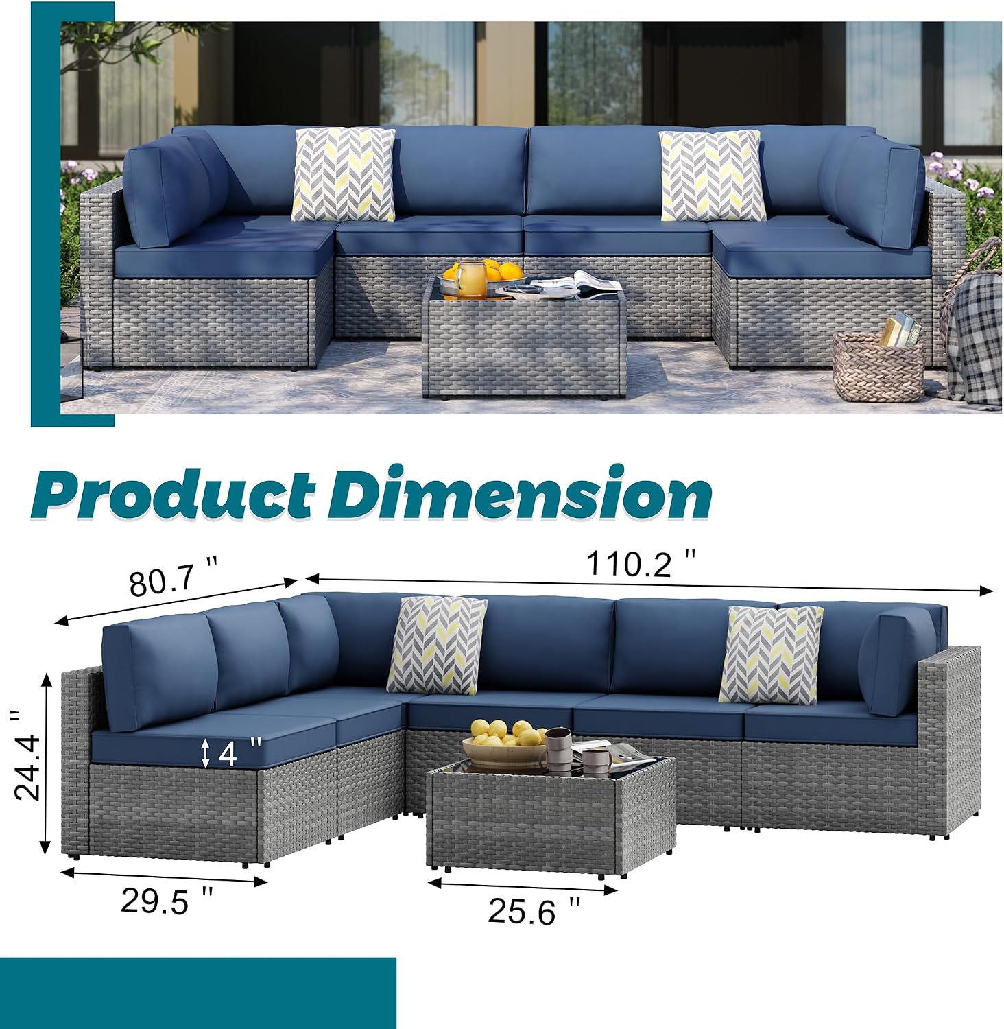 SUNLEI 7pcs Patio Conversation Sets Outdoor Furniture Sets, High Back All-Weather Rattan Sectional Sofa with Tea Table&Washable Couch Cushions(Silver Rattan) (Aegean Blue)