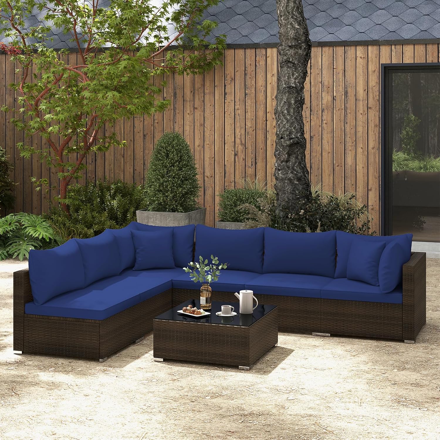 Tangkula 7 Piece Patio Wicker Furniture Set, Outdoor Rattan Sectional Sofa Set for 6 with Seat & Back Cushions, 2 Throw Pillows, Sofa Fastener Clips, for Backyard, Poolside, Deck (Mix Brown+Navy)