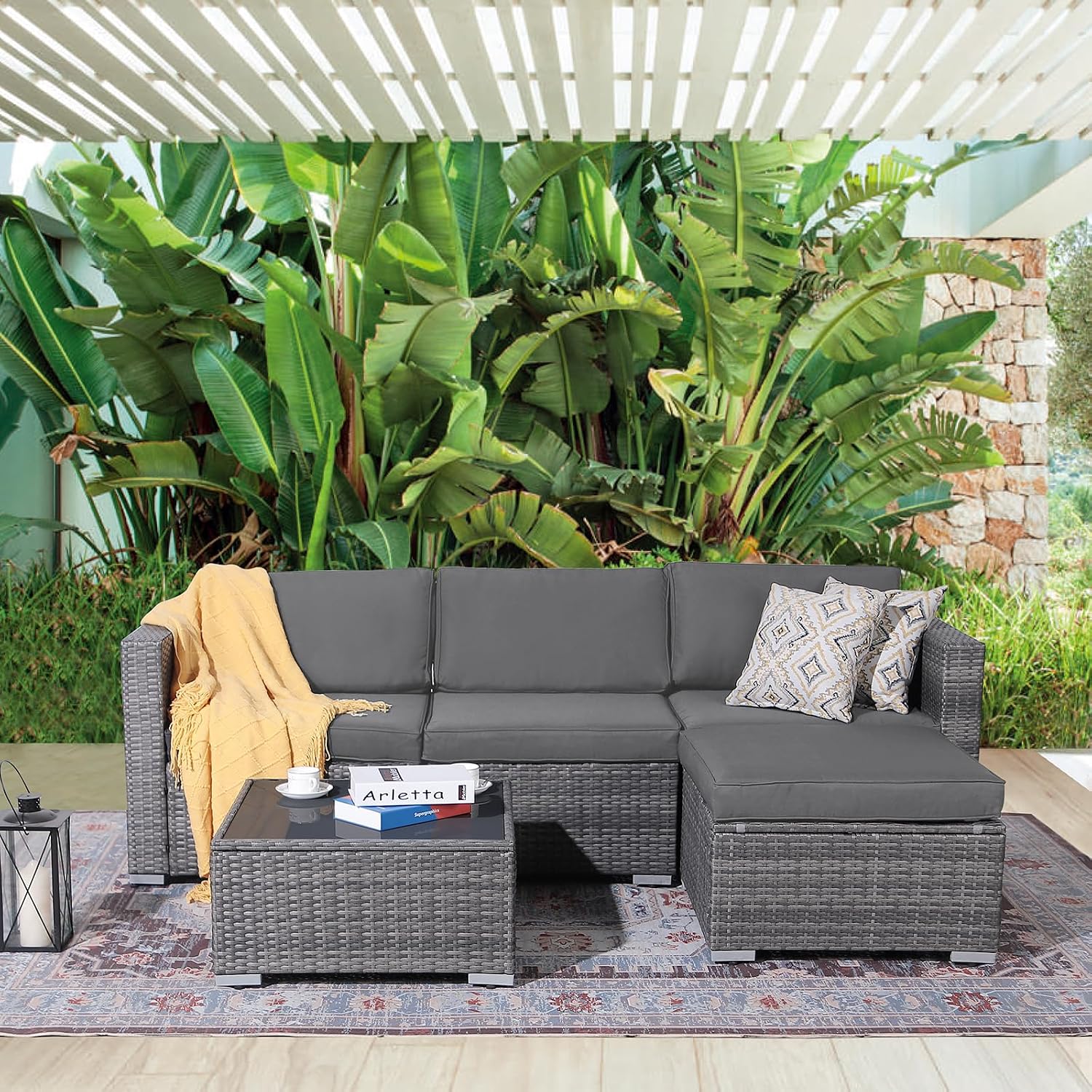 Patiorama 5 Piece Outdoor Patio Furniture Set, Outdoor Sectional Conversation Set, All-Weather Grey PE Wicker w/Dark Grey Cushions, Outdoor Backyard Porch Garden Poolside Balcony Furniture Set