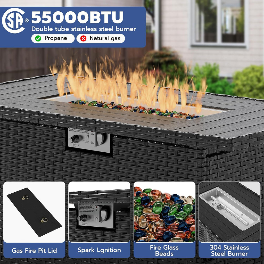13 Piece Patio Furniture Set with Fire Pit Table, Outdoor Sectional Conversation Sets Black Wicker Rattan Sectional Sofa for Patio Garden Backyard, 4'' Thickened Cushion