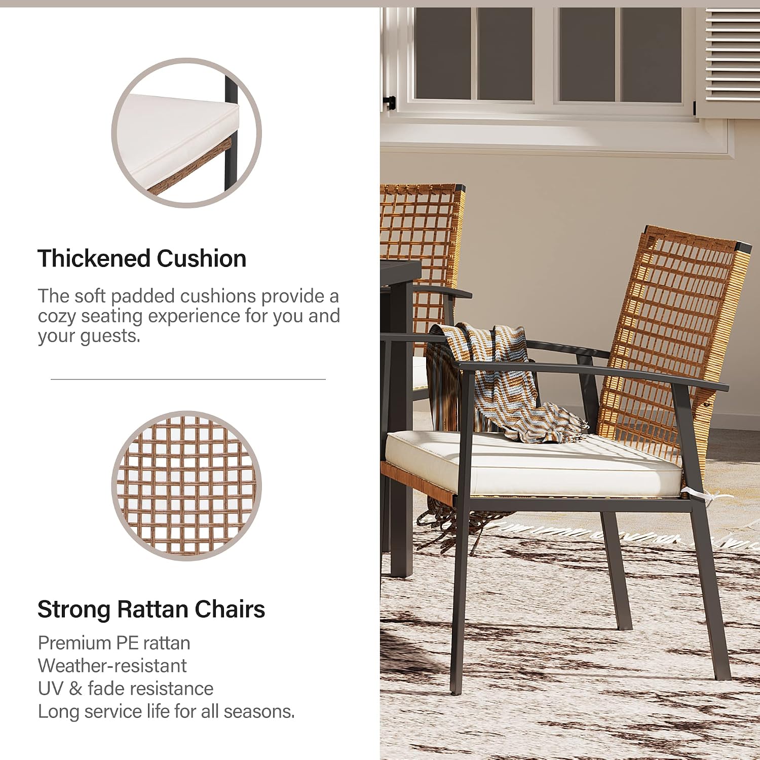 LAUSAINT HOME 5 Pieces Outdoor Patio Dining Set, Wicker Patio Furniture Set of 4 Chairs with Soft Cushion and Square Table with Umbrella Hole, Conversation Set for Backyard, Garden and Poolside