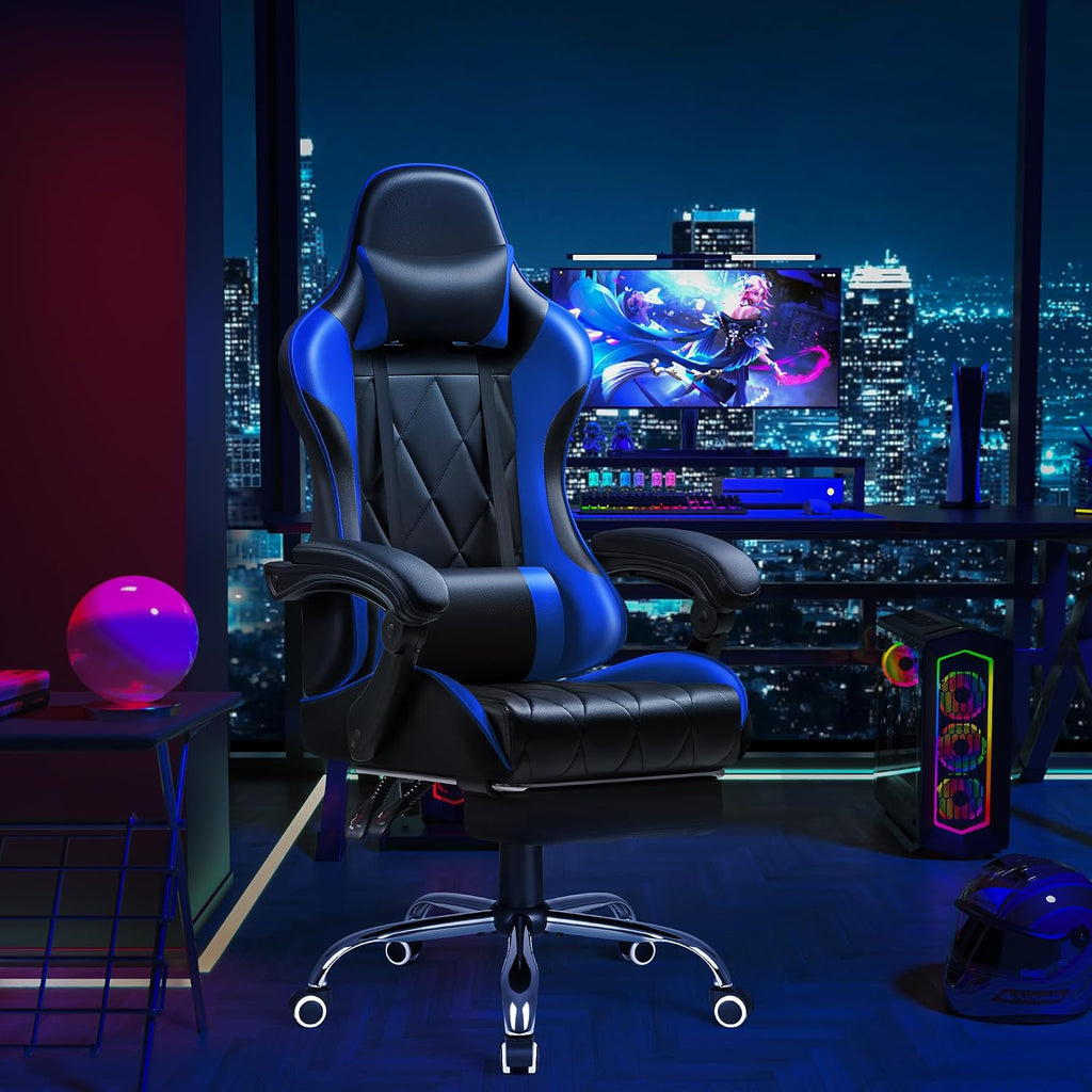 Shahoo Gaming Chair with Footrest and Massage Lumbar Support, Computer Game Chairs Ergonomic Office Seat Height Adjustable with Headrest, Blue