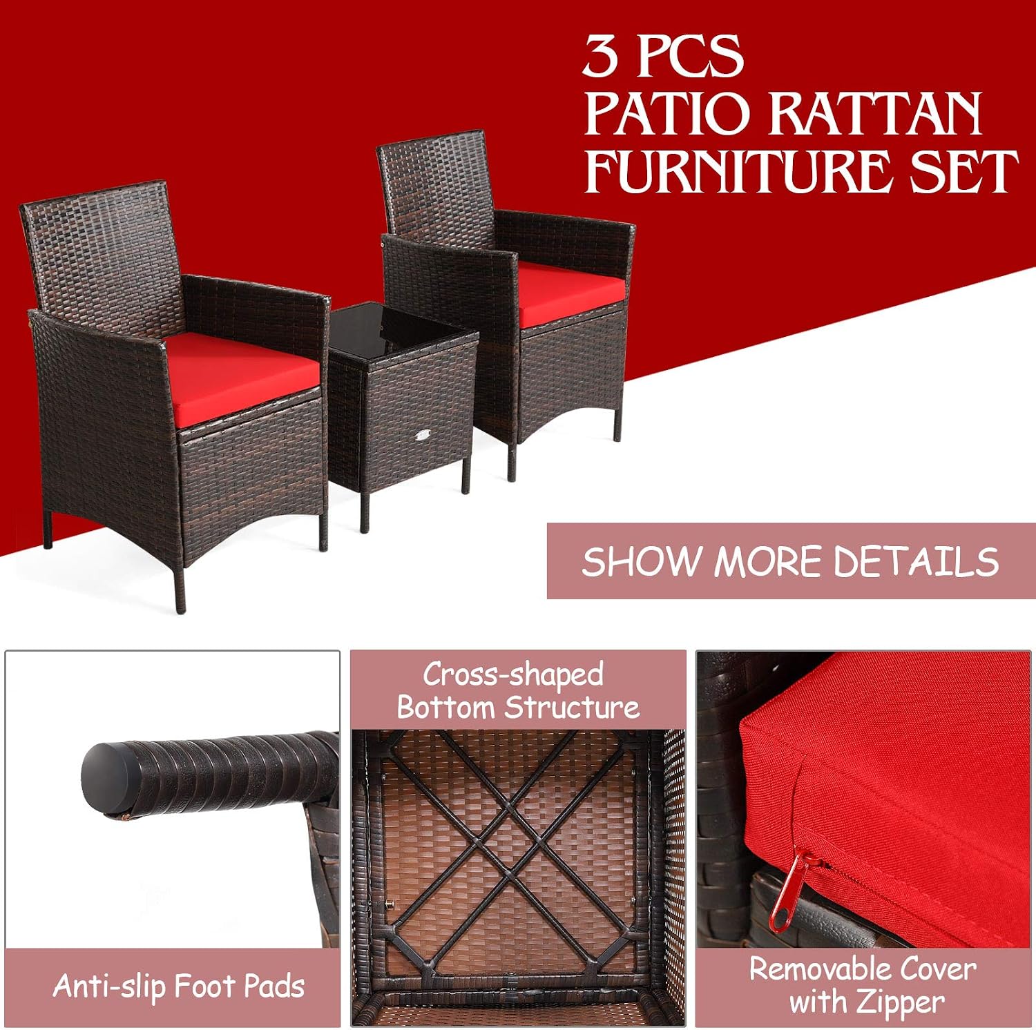 Tangkula 3-Piece Patio Conversation Set, Wicker Chairs with Glass Top Square Coffee Table & Cushions, All-Weather Outdoor Rattan Furniture Set for Garden Backyard Balcony Poolside (Red)