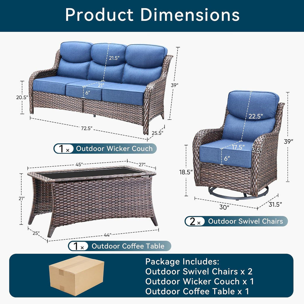 Luxury High Back Outdoor Furniture with 6-Inch Thick Cushions, Patio Furniture Set with Swivel Chairs, 4 PCS Wicker Conversation Set for Porch, Balcony, Deck and Yard