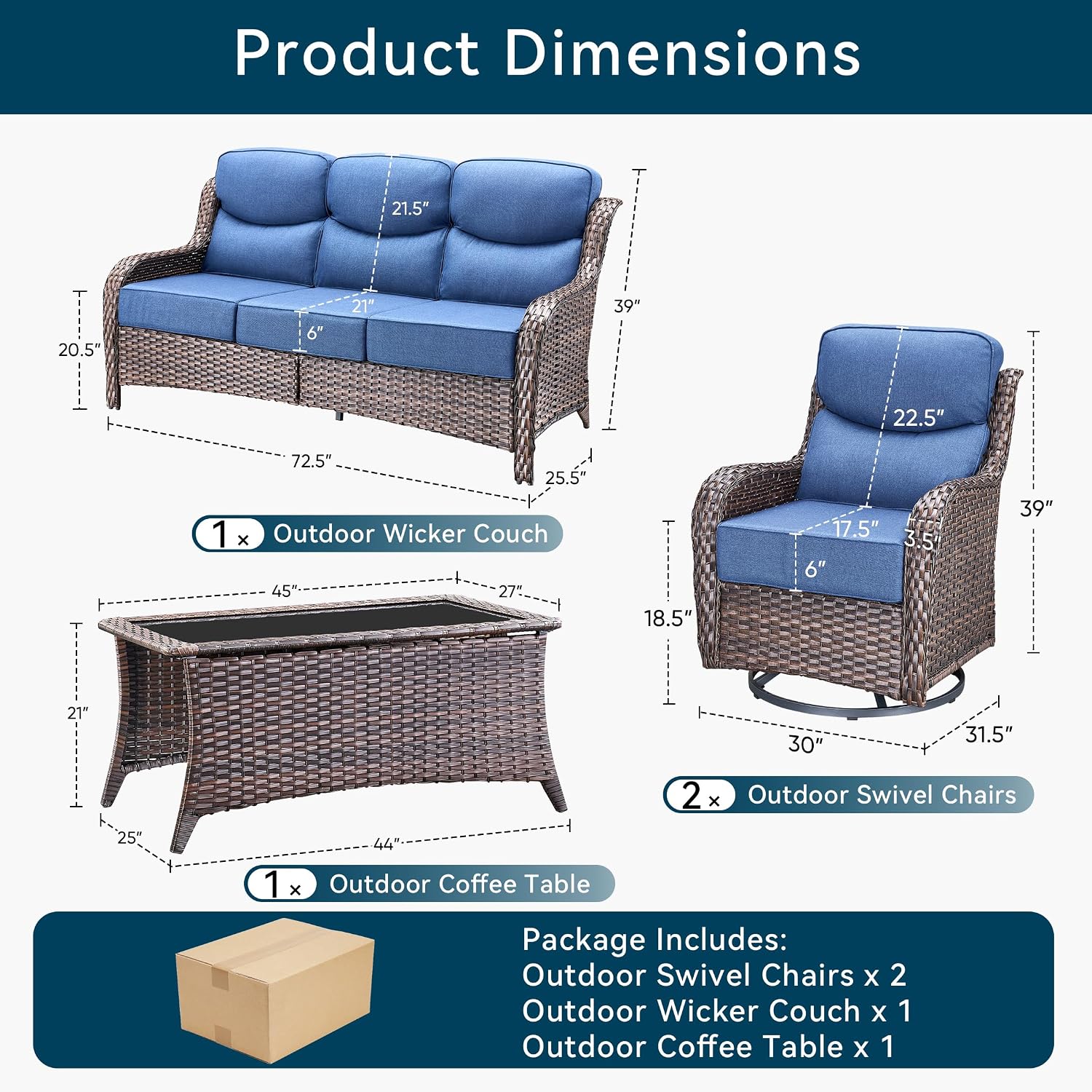 Luxury High Back Outdoor Furniture with 6-Inch Thick Cushions, Patio Furniture Set with Swivel Chairs, 4 PCS Wicker Conversation Set for Porch, Balcony, Deck and Yard