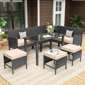 7-Piece Outdoor Patio Furniture Set, All-Weather Wicker Sectional Sofa with Cushions and 3 Pillows, Long Tempered Glass Coffee Table, Rattan Conversation Set for Garden, Porch, Lawn, Khaki
