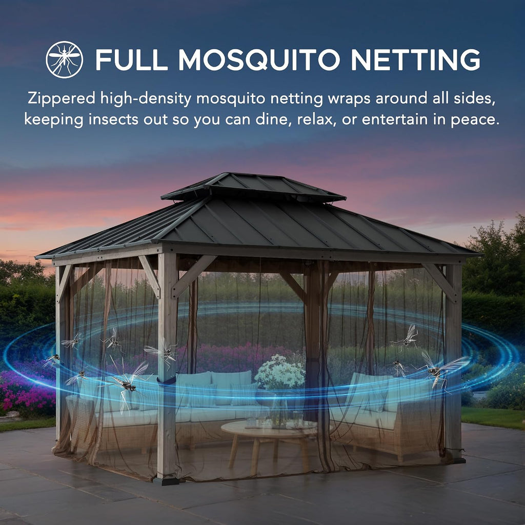 SUNJOY 10x12 Hardtop Wood Gazebo with Galvanized Steel Roof, LED String Lights & Mosquito Netting, Outdoor Permanent Pavilion Cedar Gazebo for Backyard, Garden, Patio, Deck, Lawn - Matte Black Roof