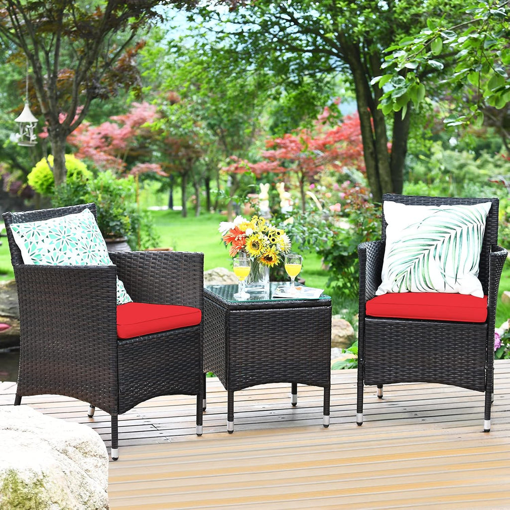Tangkula Patio Furniture Set 3 Piece, Outdoor Wicker Rattan Conversation Set with Coffee Table, Chairs & Thick Cushions, Suitable for Patio Garden Lawn Backyard Pool (Red)