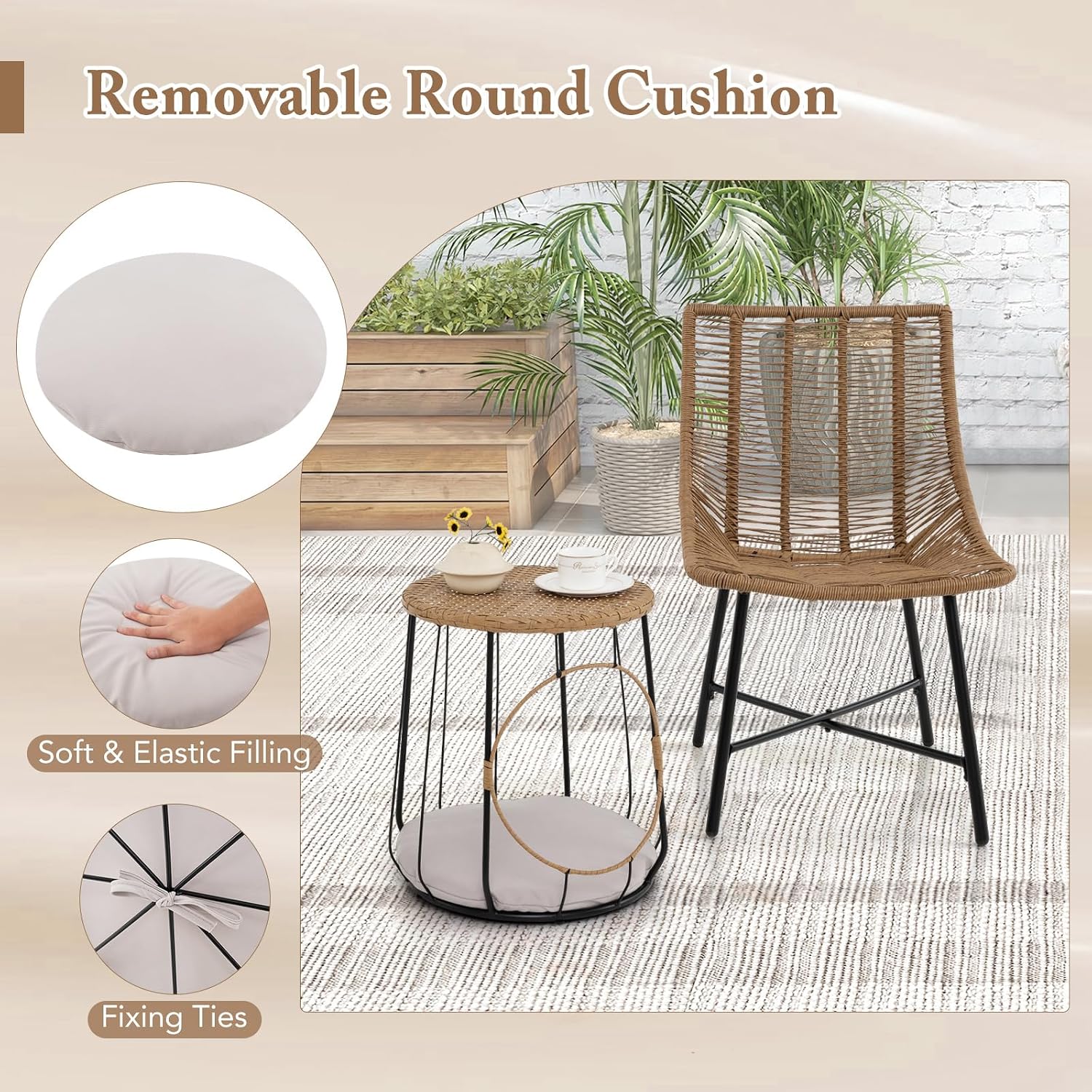 Tangkula 3 Pieces Outdoor Furniture Set with Pet House, Heavy Duty Metal Frame Patio Armless Chairs with Coffee Table, for Patio, Yard, Poolside, Garden (Light Brown)