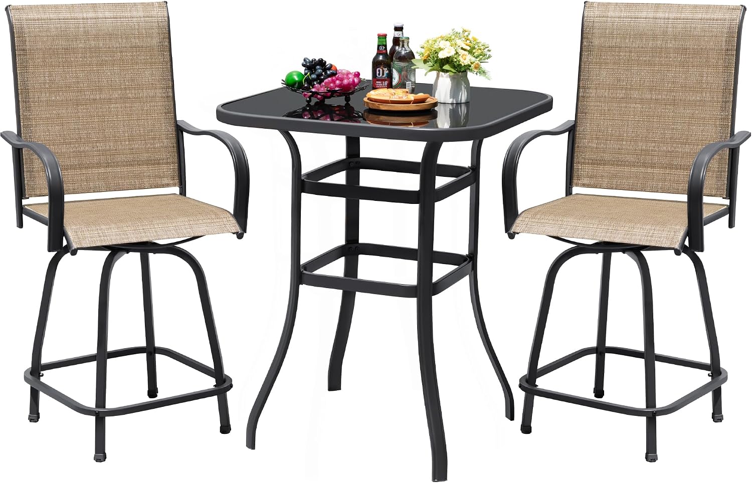 Devoko Patio Swivel Bar Set 3 Pieces Patio High Top Bar Table and Stools Chairs Set Textilene Sling Fabric Outdoor Bar Stools Set of 2 for Garden, Balcony