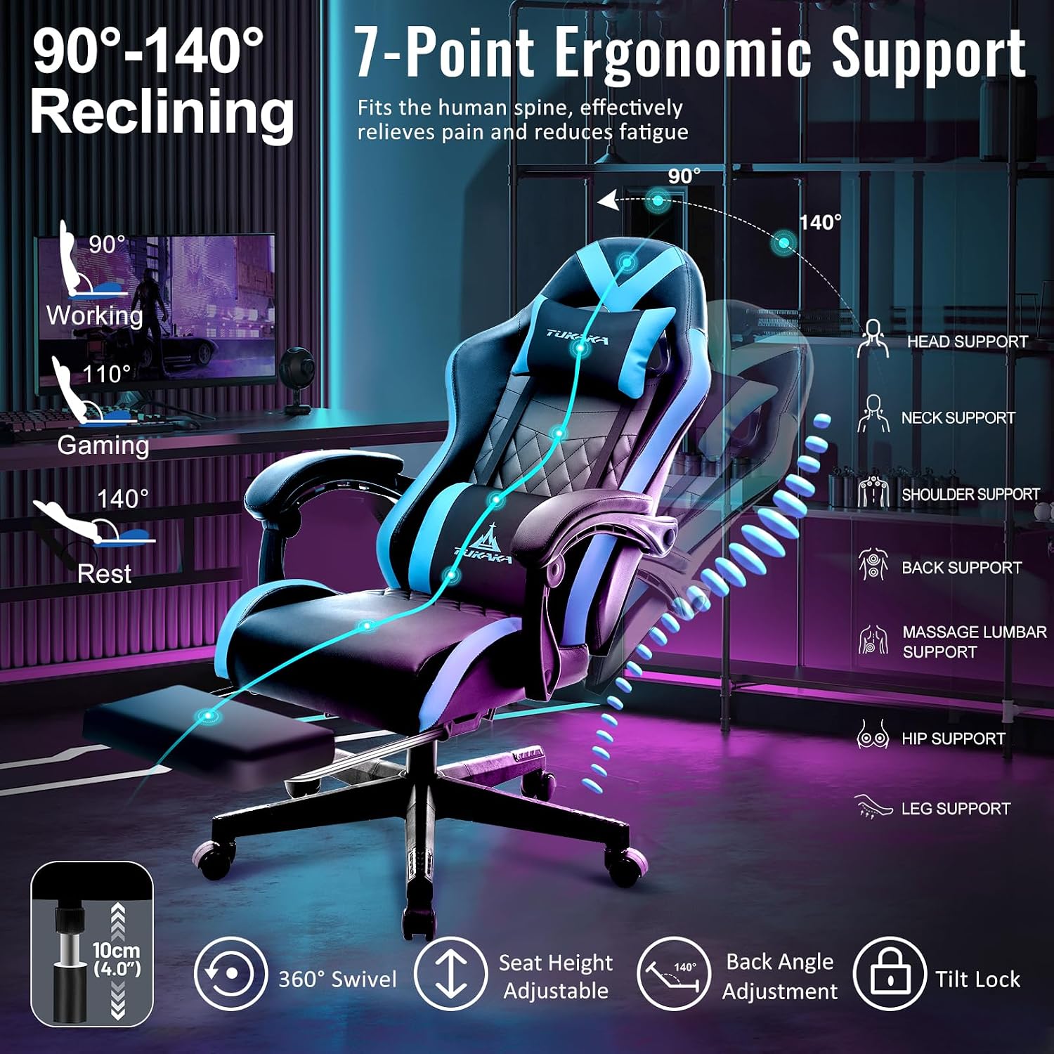 Gaming Chair,Ergonomic Massage Computer Office Desk Chair with Footrest,Pocket Spring Cushion,Reclining Leather Adjustable Gamer Chair with Headrest and Lumbar Support,Blue