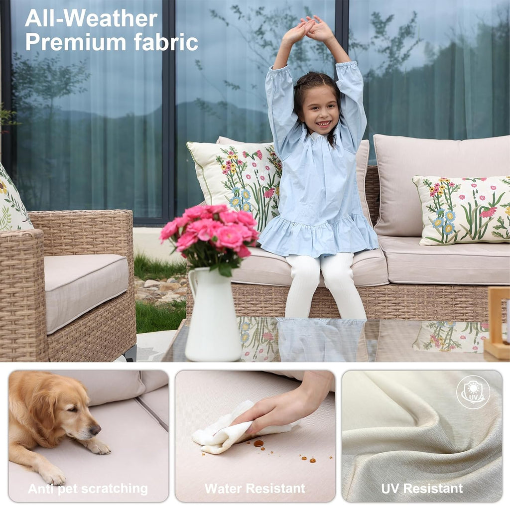 JOYURE 4-Piece Patio Furniture Set,Outdoor Wicker Patio Conversation Set with Tempered Glass Table,All-Weather Rattan Sectional Loveseat&Chairs with Thick Cushions for Garden,Deck,Backyard-Beige