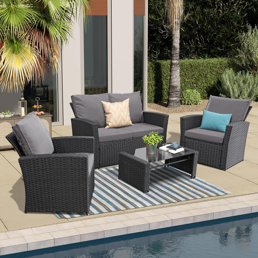FHFO 4 Piece Patio Furniture Set, Wicker Outdoor Conversation Furniture Set, All Weather Patio Sofa Couch with Cushion & Glass Table, Black/Grey