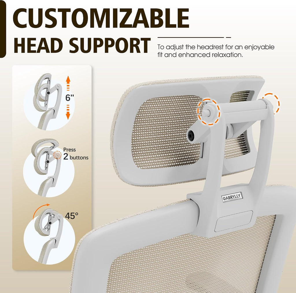 GABRYLLY Ergonomic Office Chair, High Back Home Desk Chair with Headrest, Flip-Up Arms, 90-120° Tilt Lock and Wide Cushion, 300LBS Mesh Chairs for Man Woman, White Task Chair(Beige,GY01WBG)
