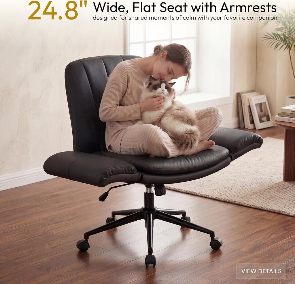 Dowinx Criss Cross Chair with Five-Level Adjustable Arms and Wheels - Comfortable Ergonomic PU Leather Swivel Vanity Chair - Computer Makeup Gaming Chair for Home Office, Bedroom, Living Room (Black)