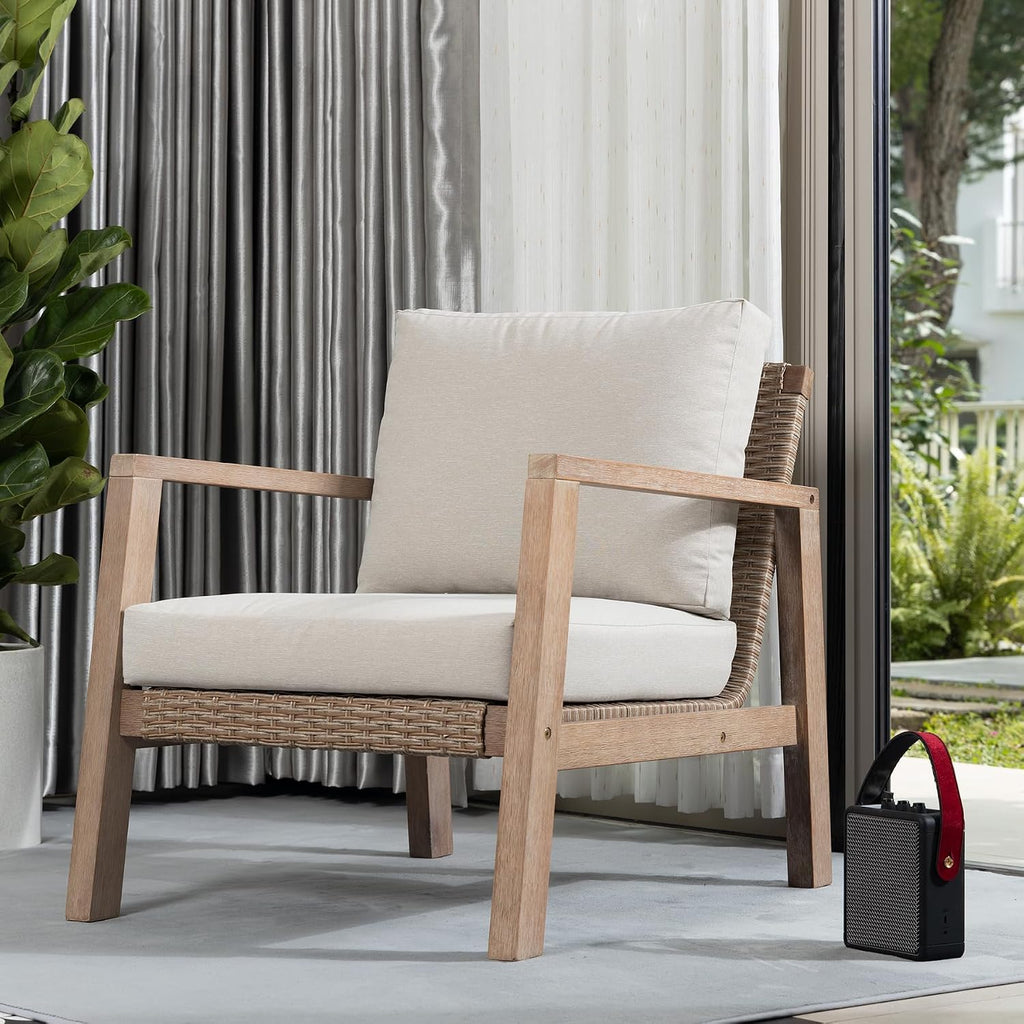 IDZO Olivier Premium Eucalyptus Outdoor Club Chairs Set of 2, 400lbs Heavy Duty Patio Furniture Set, Ergonomic Slanted Backrest Design, 4.5in Thick Cushion, Wood Wicker Silver Gray