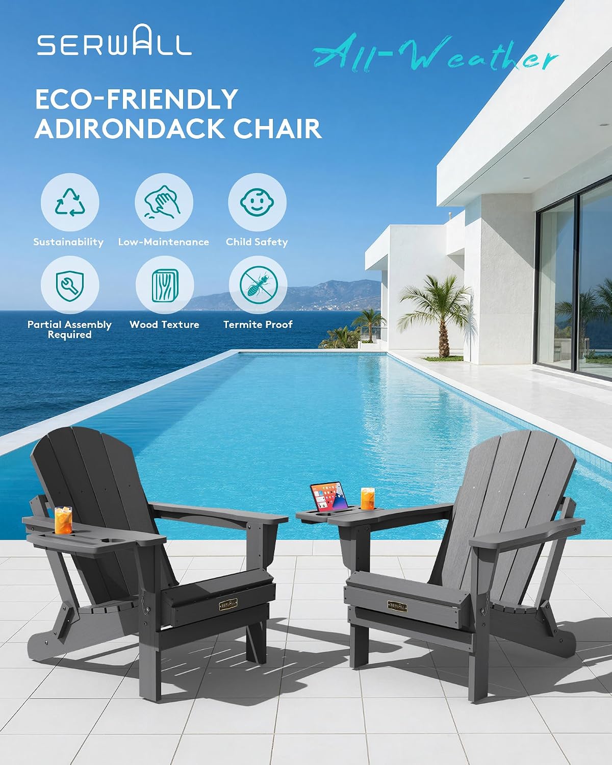 SERWALL Folding Adirondack Chair Set of 2, HIPS Adirondack Chairs with 4 in 1 Multi-Functional Cup Holder, Weather Resistant Plastic Chairs for Patio Garden Outdoors Fire Pit- Gray