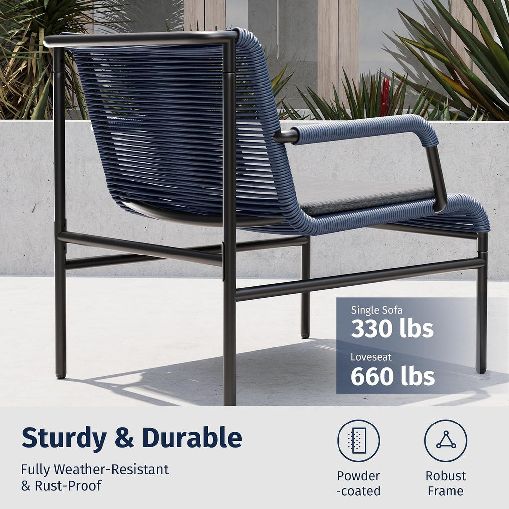 East Oak 4 Piece Patio Furniture Set, Outdoor Furniture with PE Wicker Rattan Chairs and Coffee Table, Modern Patio Conversation Set with Soft Pad for Garden, Backyard and Porch, Navy Blue