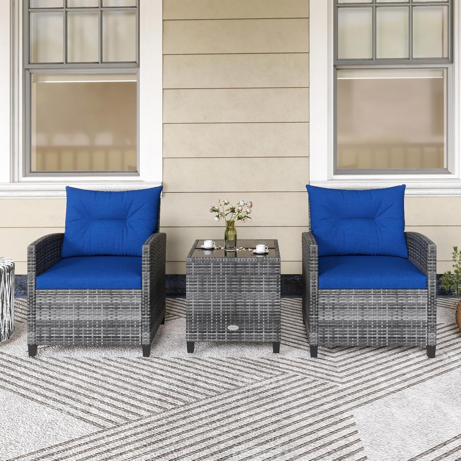 KOTEK 3 Piece Patio Furniture Set, Outdoor PE Rattan Conversation Set with Washable Cushions & Tempered Glass Tabletop, Wicker Chairs and Table Set for Porch, Garden, Balcony (Navy)