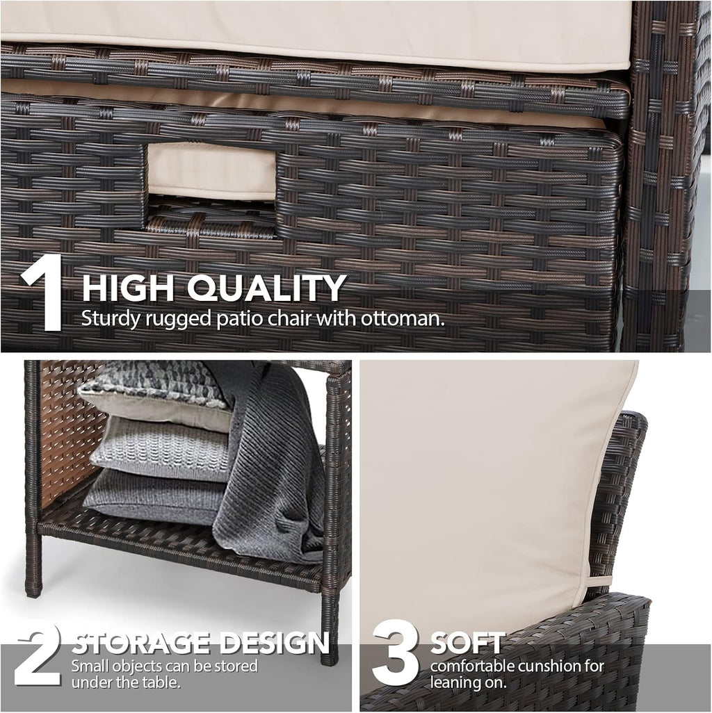LEVELEVE Balcony Furniture 5 Piece Patio Conversation Set, PE Wicker Rattan Outdoor Lounge Chairs with Soft Cushions 2 Ottoman&Glass Table for Porch, Lawn-Brown Wicker