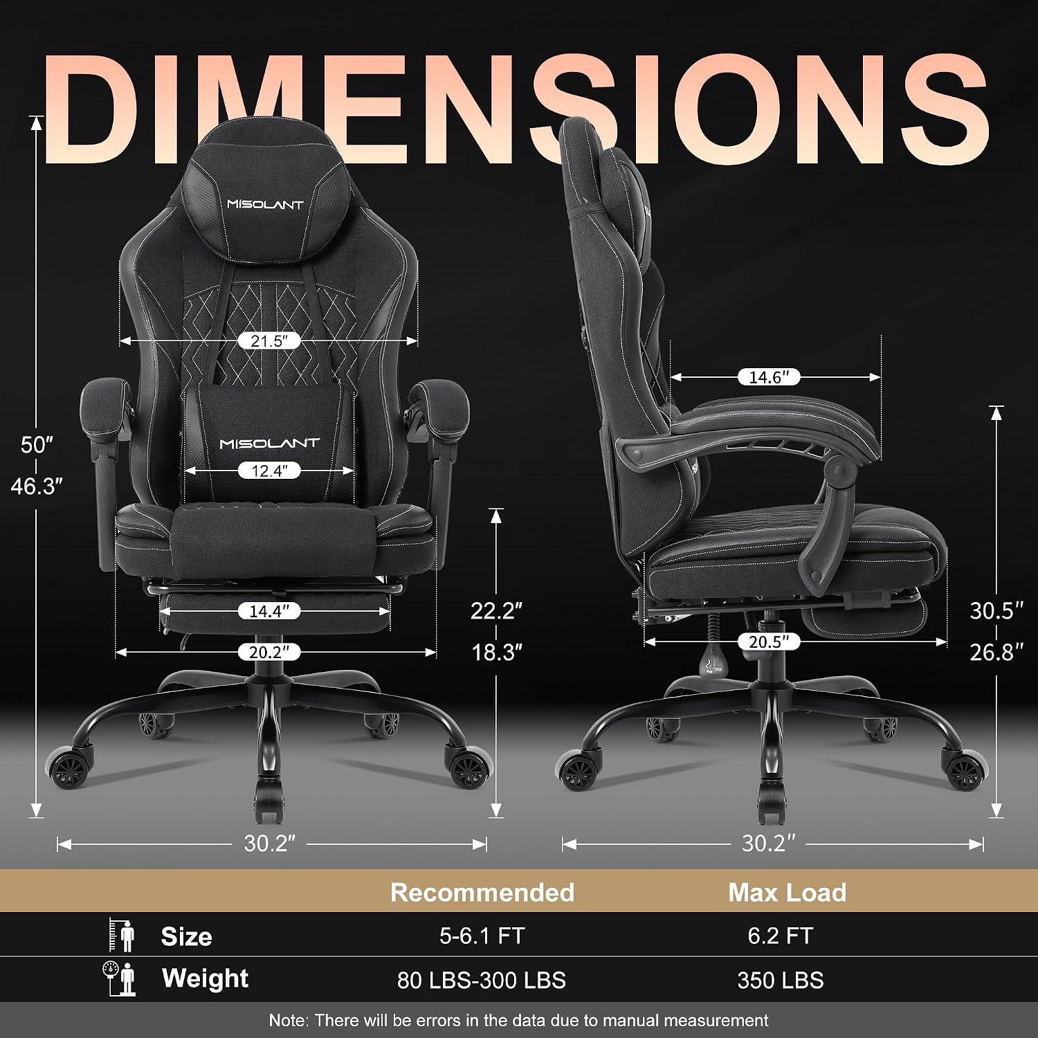 Misolant Gaming Chair, Fabric Gamer Chair with footrest for Adults, High Back Ergonomic Computer Game Chair with Adjustable Headrest and Massage Lumbar Support, 90-155° Recline Free，Black