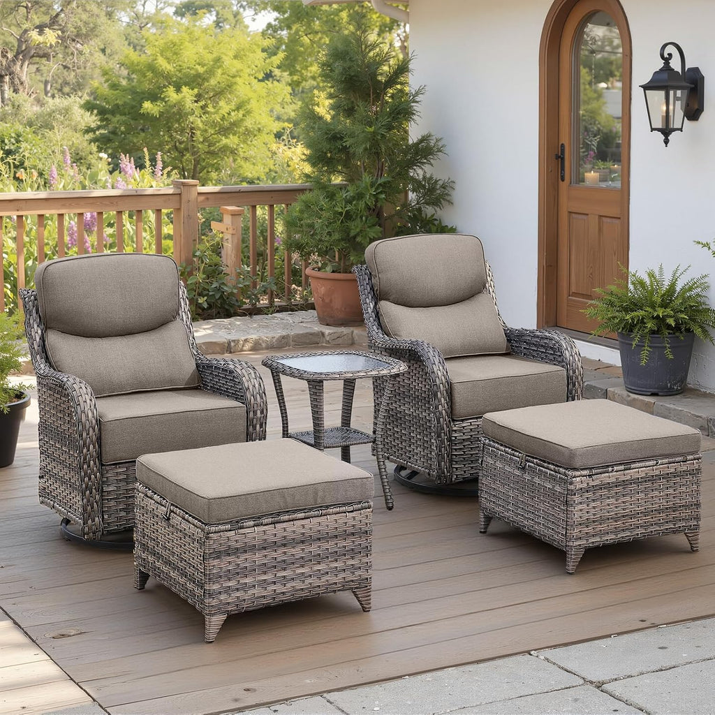 Belord Luxury 6' Thick Cushioned 5 Pieces Patio Furniture Set with 2 Ottomans, Wicker Outdoor Conversation Set with High Back Swivel Rocker Patio Chairs for Deck Porch Yard and Poolside - Grey+Grey