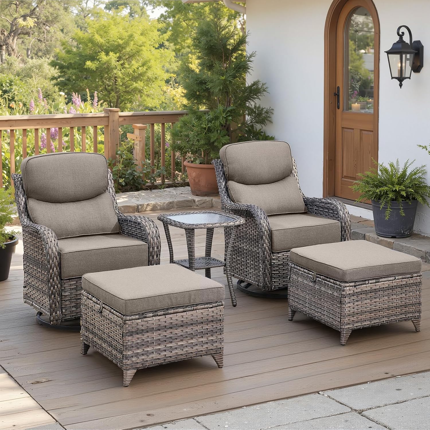 Belord Luxury 6' Thick Cushioned 5 Pieces Patio Furniture Set with 2 Ottomans, Wicker Outdoor Conversation Set with High Back Swivel Rocker Patio Chairs for Deck Porch Yard and Poolside - Grey+Grey