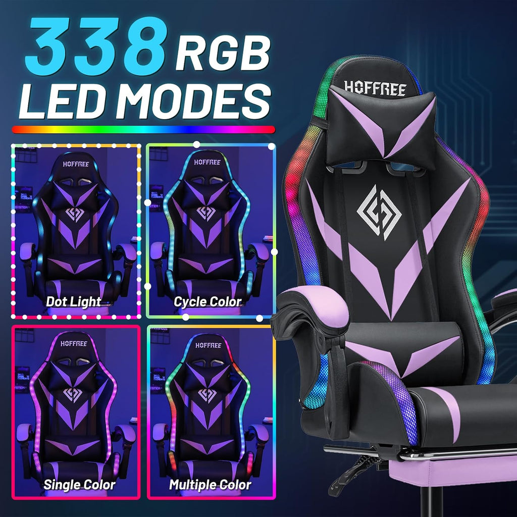 Gaming Chair with Bluetooth Speakers and RGB LED Lights Ergonomic Massage Computer Gaming Chair with Footrest Video Game Chair High Back with Lumbar Support Purple and Black