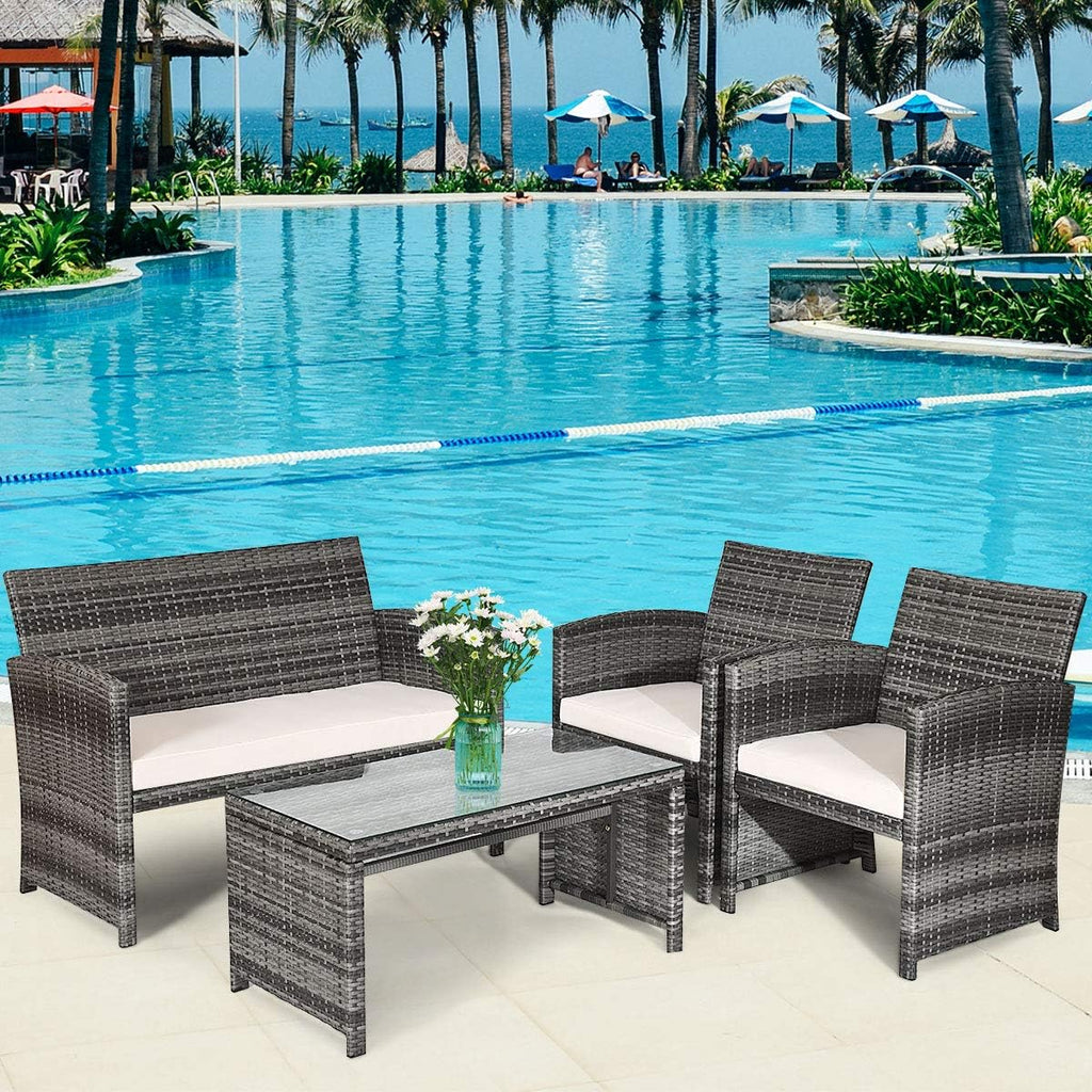 COSTWAY Patio Furniture Set 4 Pieces, Outdoor Wicker Chairs Sofa w/Coffee Table and Soft Cushions, Rattan Conversation Sets for Patio Lawn Backyard Yard Pool Garden, White